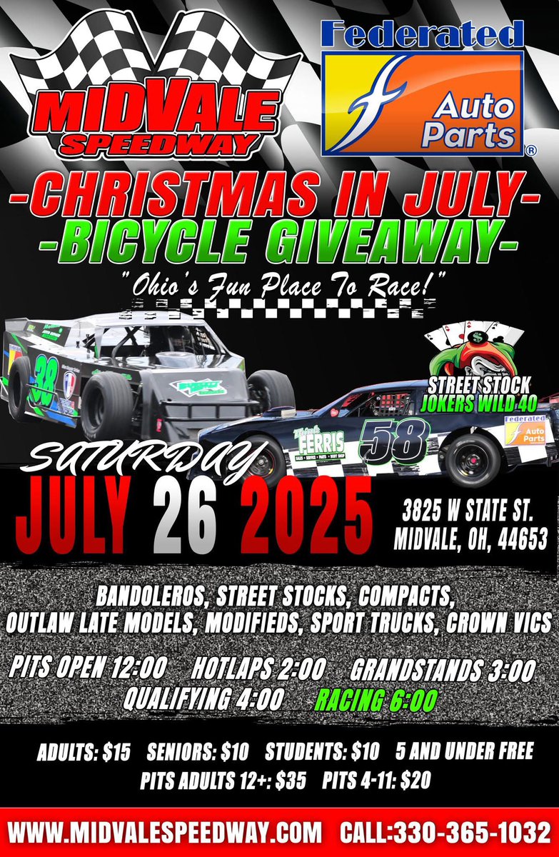 SpeedwayMidvale's tweet image. 🎅🎄 Christmas in July + Bicycle Giveaway this Saturday at Midvale Speedway! 🎁 Racing, prizes &amp;amp; family fun! #MidvaleSpeedway 🚲