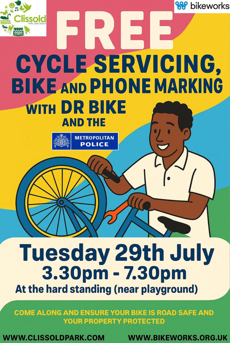StokeyUpdates's tweet image. Free cycle servicing and bike and phone marking with Dr Bike and the Metropolitan Police at Clissold Park on Tuesday 29 July, 3.30pm to 7.30pm. Location: hard standing near the playground.