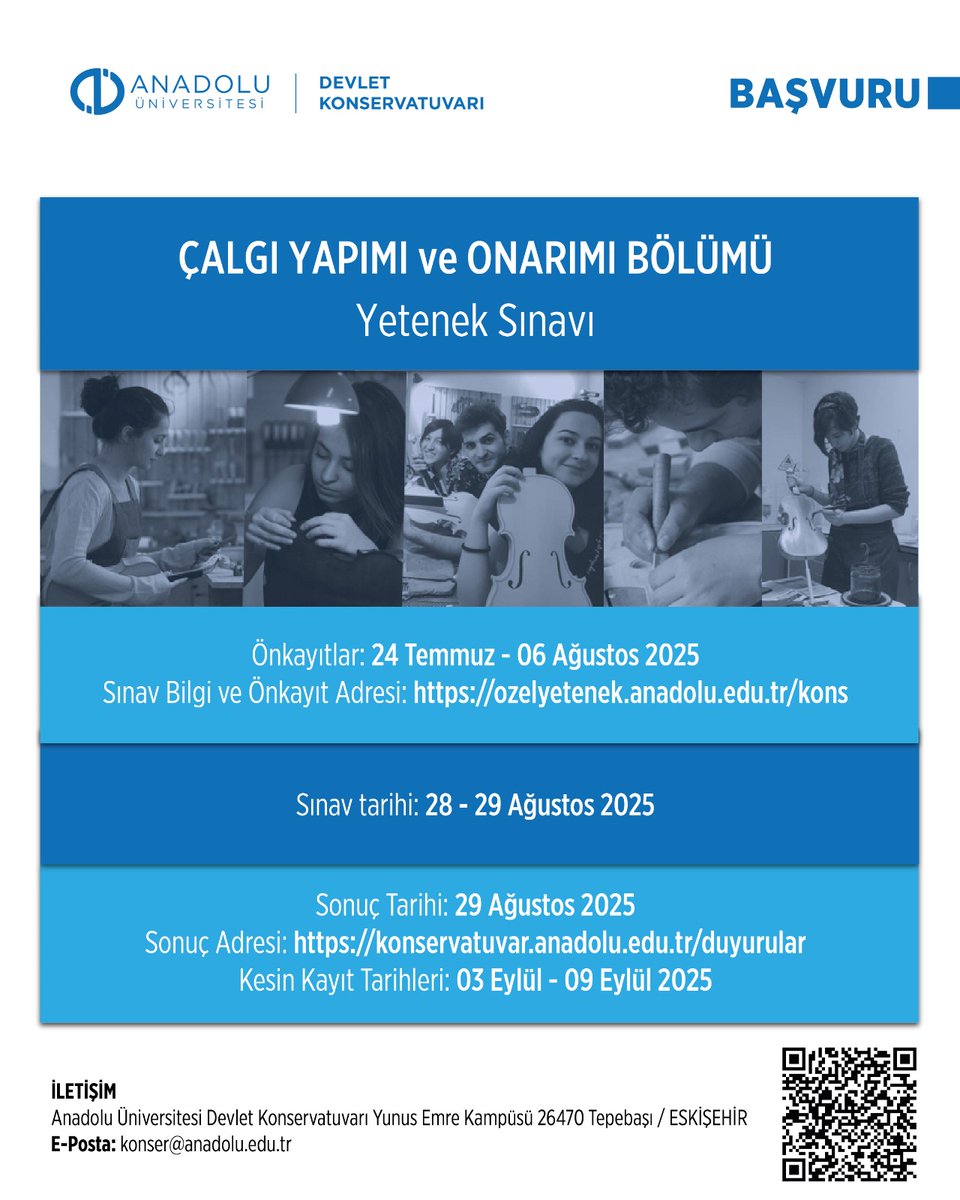 Konservatuvarımız Çalgı Yapımı ve Onarımı Bölümü yeni öğrencilerini bekliyor.
Başvuru bilgileri için konservatuvar.anadolu.edu.tr adresinden web sayfamızı ziyaret edebilirsiniz. 

<a href="/Anadolu_Univ/">Anadolu Üniversitesi</a>