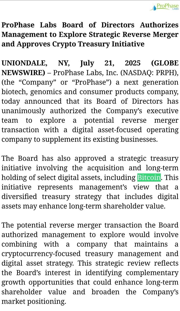 btcNLNico's tweet image. 🇺🇸 ProPhase Labs is exploring a reverse merger with a crypto-focused company and will begin holding #Bitcoin as part of a new digital asset treasury strategy.