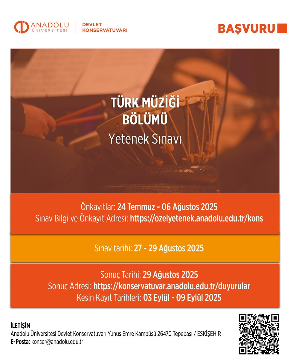 Konservatuvarımız Türk Müziği Bölümü yeni öğrencilerini bekliyor.
Başvuru bilgileri için konservatuvar.anadolu.edu.tr adresinden web sayfamızı ziyaret edebilirsiniz. 

<a href="/Anadolu_Univ/">Anadolu Üniversitesi</a>