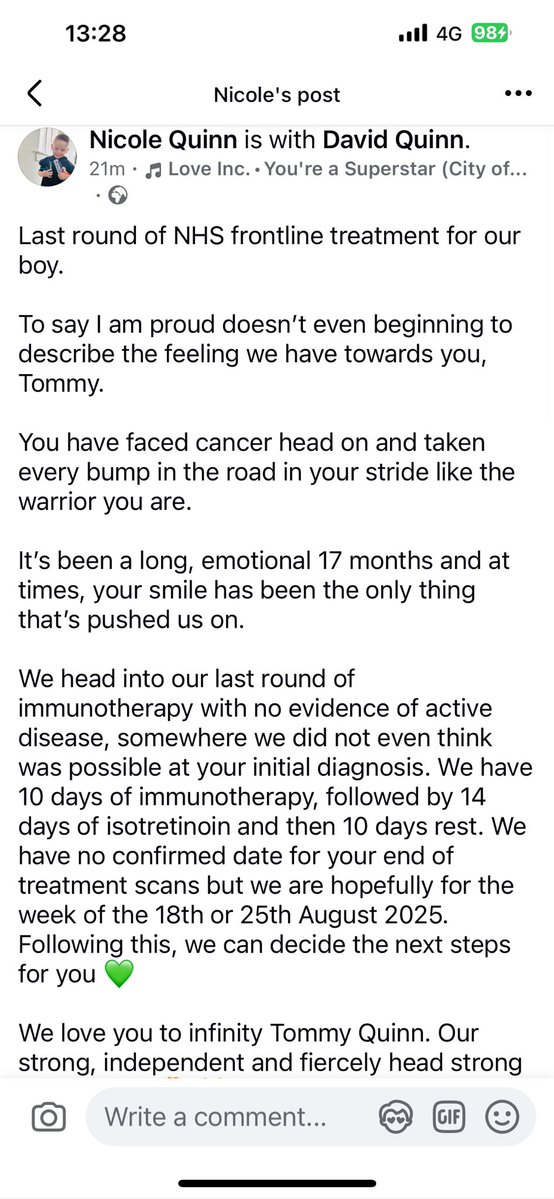 WeeTommysJrny's tweet image. facebook.com/share/p/16rjwv…

Last leg of frontline treatment starts today 

Keep Tommy Quinn in your thoughts xx 

@JohnHartson10 
@Wee_Oscar 
@CeltExchange 
@HereCelts 
@SKC_UK 
@PloughBhoysCSC 
@Glasgow_Times 
@ETimsNet 
@sumobhoy1967