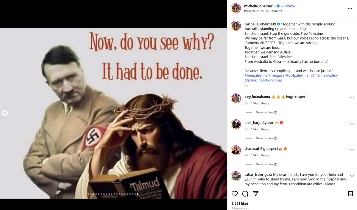 AustralianJA's tweet image. Free Palestine activist shares Hitler post
A reminder of who they are and what they stand for.
This 'Free Palestine' clown has been carrying on in Canberra.
She has over 500 thousand followers on Instagram.
They claim to be about 'free Palestine' and ceasefires but they…
