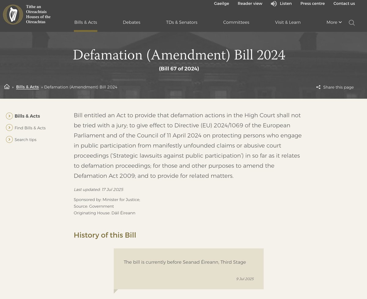 EoinLenihan's tweet image. Justice Minister @OCallaghanJim is pursuing what will be one of the more significant Bills in recent years - The Defamation Amendment Bill. This should reduce the number of SLAPP (Strategic Lawsuit Against Public Participation) actions designed to financially ruin investigative…