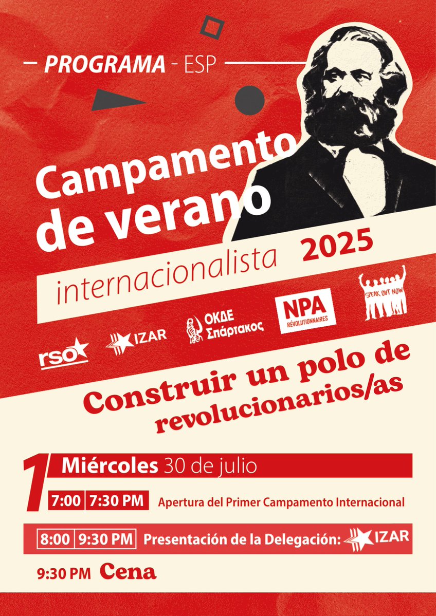 IZAR_Rev's tweet image. 🔥¡Programa ya disponible! Iª Escuela Internacional de Verano con más organizaciones revolucionarias🔥
⏰ A 2 semanas del encuentro
📅 30 jul - 3 ago
Desde Francia, Alemania, Grecia y EEUU
Formaciones, talleres, teoría y lucha de clases
📩 izar.estatal@gmail.com