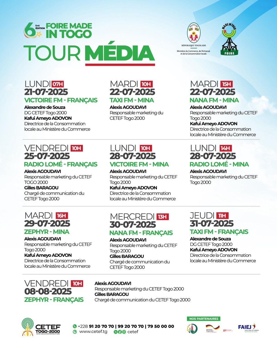 C'est une nouvelle semaine qui s'annonce et au CETEF TOGO 2000, nous entamons une tournée médiatique autour de la 6ème Foire Made In Togo (FMIT) prévue du 1er au 10 Août 2025.

Retrouvez-nous sur les différentes fréquences radio locales pour savoir tout sur la FMIT.