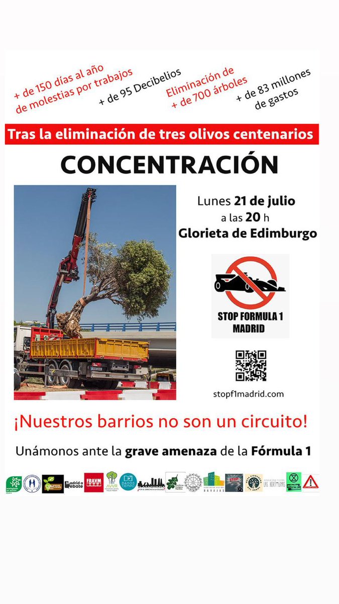 Hoy, lunes 21 de julio a las 20:00 La Plataforma Stop F1 convoca una  CONCENTRACIÓN en la GLORIETA de Edimburgo. 
¡¡NUESTROS BARRIOS NO SON UN CIRCUITO DE FÓRMULA 1!!
Las obras del bochornoso circuito de F1 en Madrid ya han comenzado con la tala de 6 olivos.¡Stop al circuito f1!!