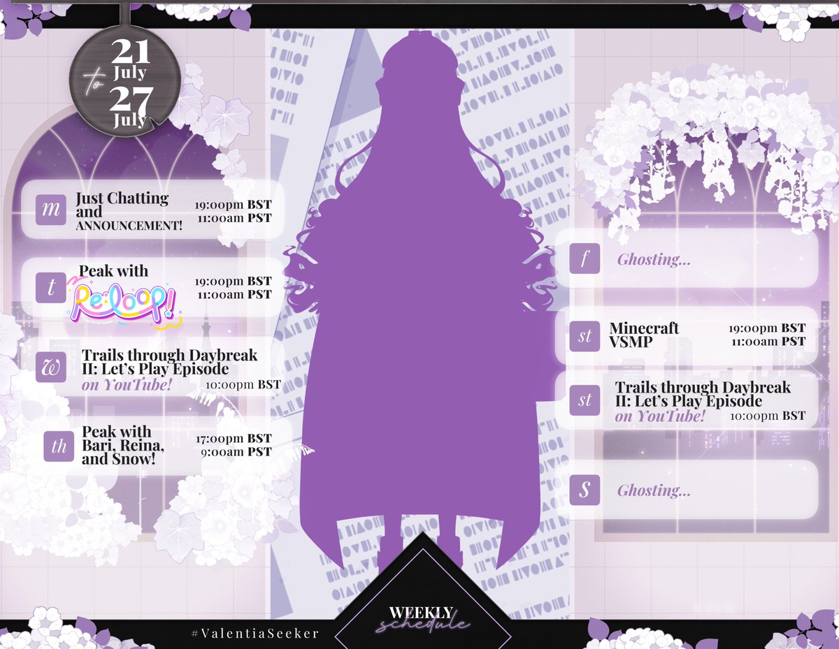 ValentiaSeeker's tweet image. 🤍 WEEKLY STREAM SCHEDULE 🤍
Featuring a very, very important announcement tomorrow! 👻👀
Don't forget, Re:Loop! will be defeating Peak once and for all! 🩷🩵🤍💜