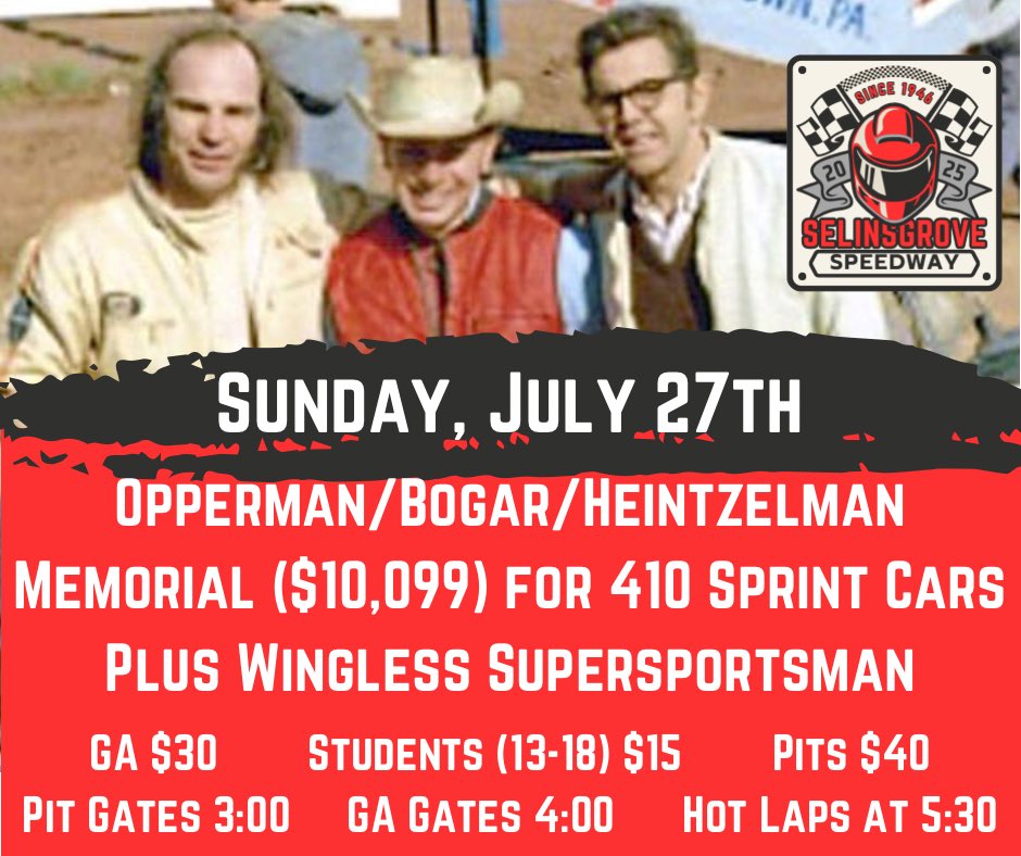 Selinsgrove Speedway & Raceway Park (@selinsgroverace) on Twitter photo Weโre back in a big way this weekend including a $10,099 to win 410 feature on Sunday for the Opperman/Bogar/Heintzelman Memorial! ๐คฉ๐ Weโre back in a big way this weekend including a $10,099 to win 410 feature on Sunday for the Opperman/Bogar/Heintzelman Memorial! ๐คฉ๐