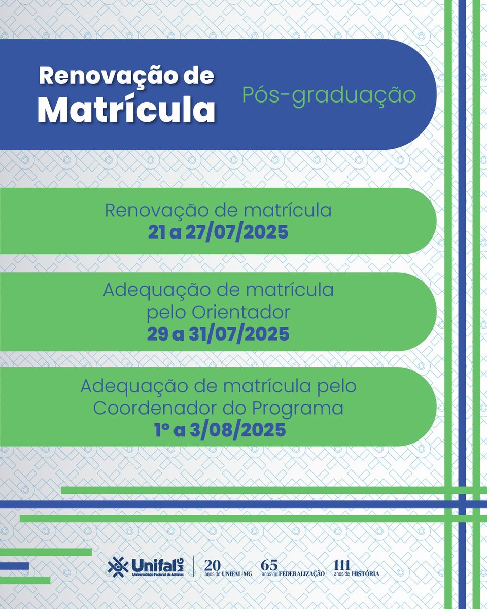 🔔📚 Atenção, estudantes de graduação e pós-graduação! É hora de renovar sua matrícula! 📚🔔

Fique atento e não perca os prazos!

Leia a matéria completa:📰  unif.al/fmu9y