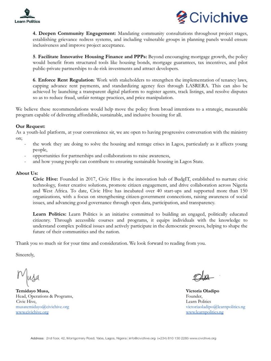 CivicHive's tweet image. Following our recent Active Citizen Hangout, we’ve sent a recommendation letter to the Lagos State Commissioner for Housing on the urgent issues of housing deficit and rising rent costs.
Citizens are speaking. It’s time to act.
Cc: @jidesanwoolu @akinmaf @followlasg…