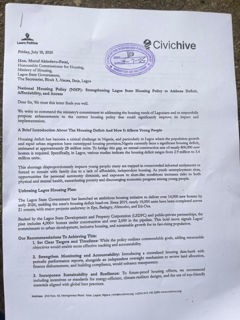 CivicHive's tweet image. Following our recent Active Citizen Hangout, we’ve sent a recommendation letter to the Lagos State Commissioner for Housing on the urgent issues of housing deficit and rising rent costs.
Citizens are speaking. It’s time to act.
Cc: @jidesanwoolu @akinmaf @followlasg…