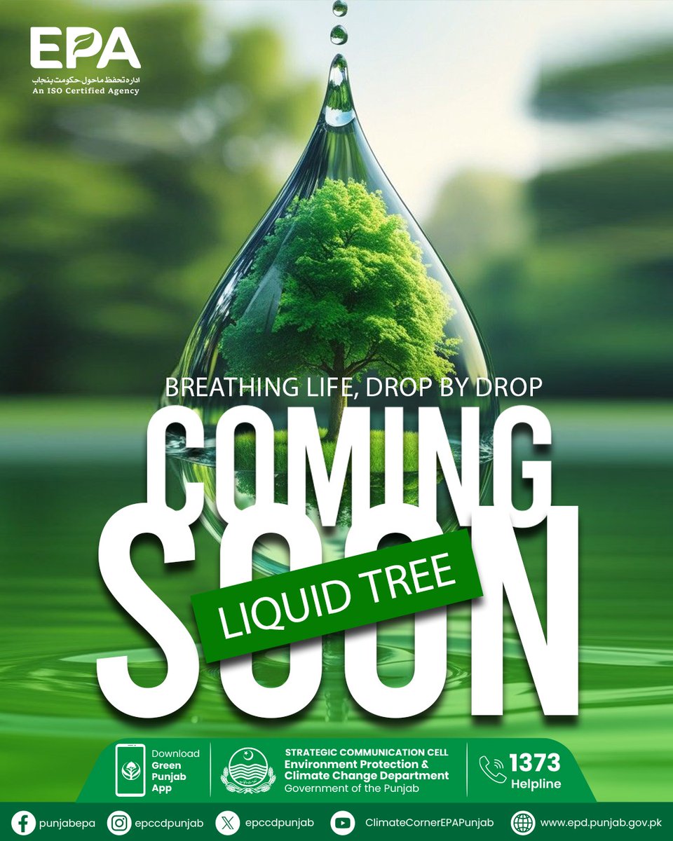 EPCCDpunjab's tweet image. Going Green with Innovation 

💧🌿 Liquid Trees — Launching Soon.

#EPAPunjab #LiquidTree #ComingSoon #GreenPunjab #cleanairinitiative