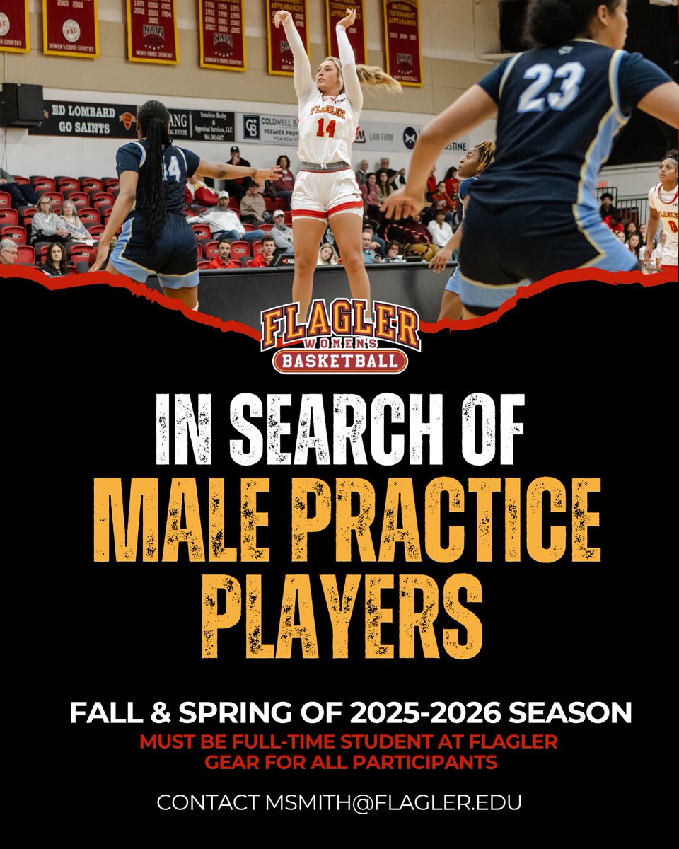 🚨 Flagler Students ‼️ 
We are looking for male practice players for the 2025-2026 basketball season! 

✅ Must be full-time student at Flagler 
✅ Will receive practice gear 
✅ High School basketball experience recommended, but more than that knowledge of the game
