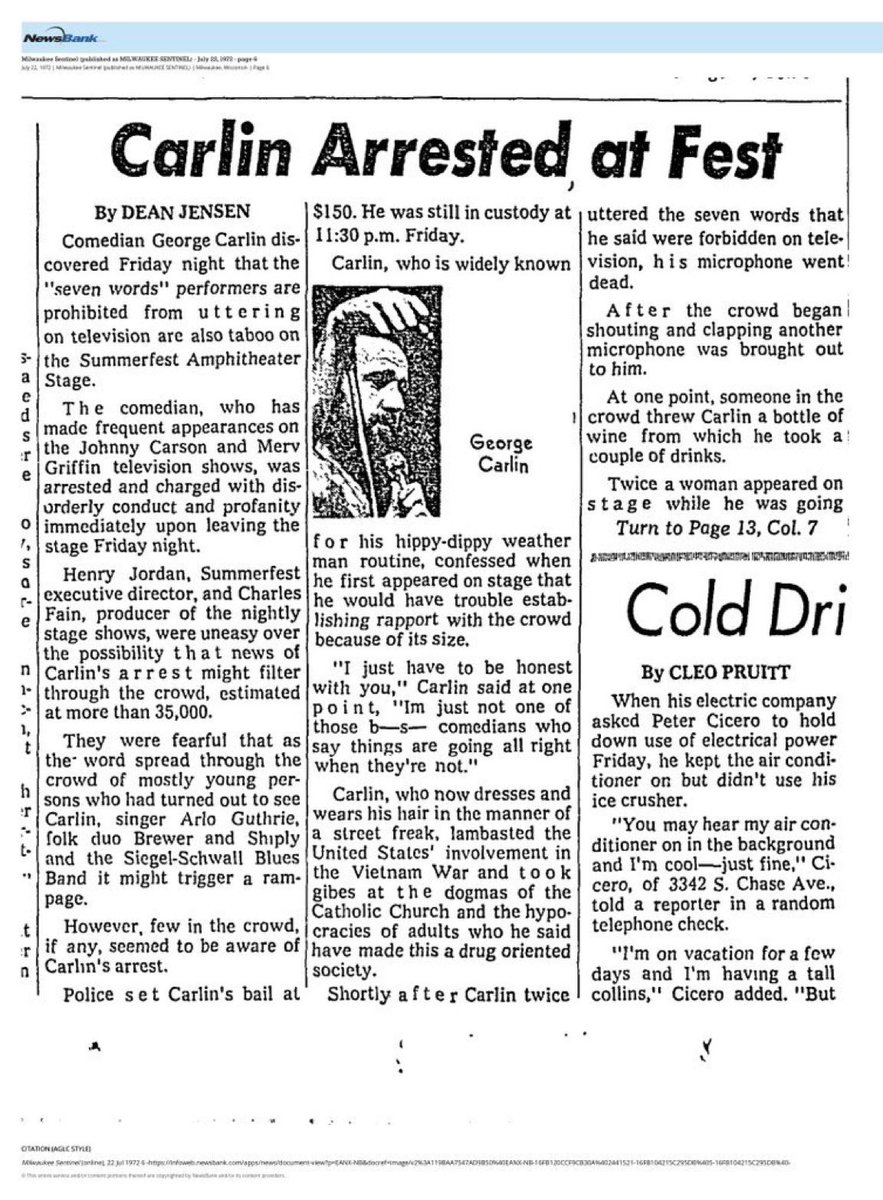IsaacRowlett's tweet image. Milwaukee, 53 years ago today
George Carlin arrested at Summerfest after performing his "Seven Words You Can't Say on TV" skit.