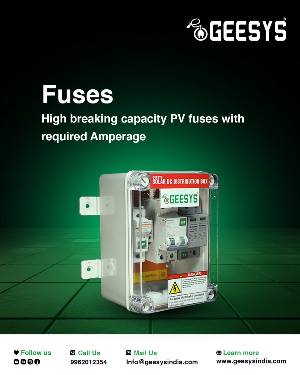 geesysindia's tweet image. 🔌 Power Protection that Performs – GEESYS PV Fuses

#Geesys #SolarFuses #PVProtection #DCDistributionBox #SolarSafety #HighCapacityFuses #PowerSolutions #RenewableEnergy #MadeInIndia