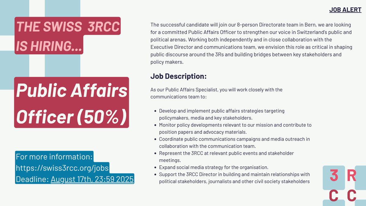 Swiss3RCC's tweet image. 📢Applications for a new Public Affairs Officer are still open! swiss3rcc.org/jobs
🏛️ This new and exciting role offers the opportunity to help shape public discourse around the #3Rs and build strong bridges between our stakeholders and #policymakers
