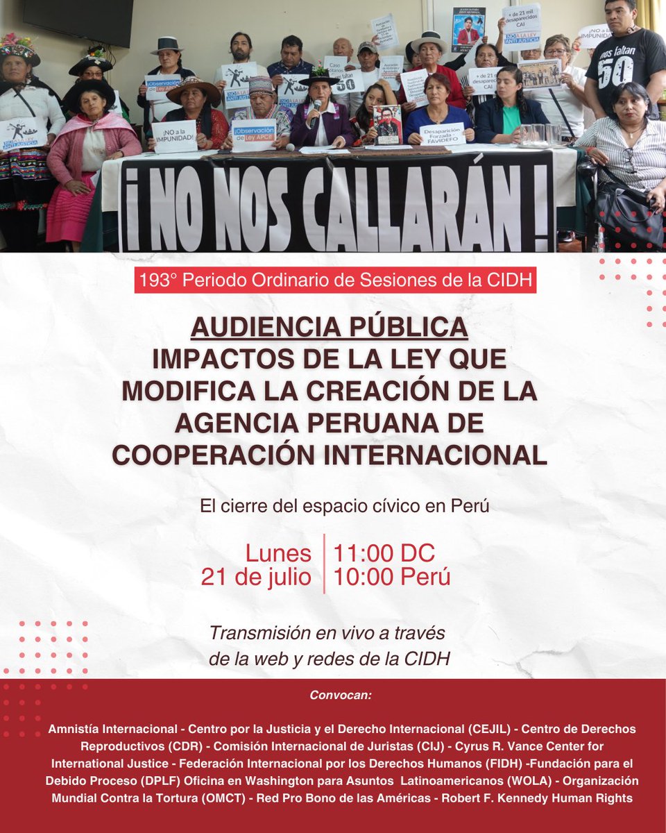 ReproRightsLAC's tweet image. 📢 #193PeríodoCIDH | No te pierdas la audiencia pública sobre la #LeyAntiJusticia en Perú🇵🇪.
Esta ley impone controles desproporcionados a las ONG, criminaliza la defensa legal de víctimas y debilita el Estado de Derecho.
⏰ 10:00 a.m.
🔗Transmisión en vivo, redes de la @CIDH.