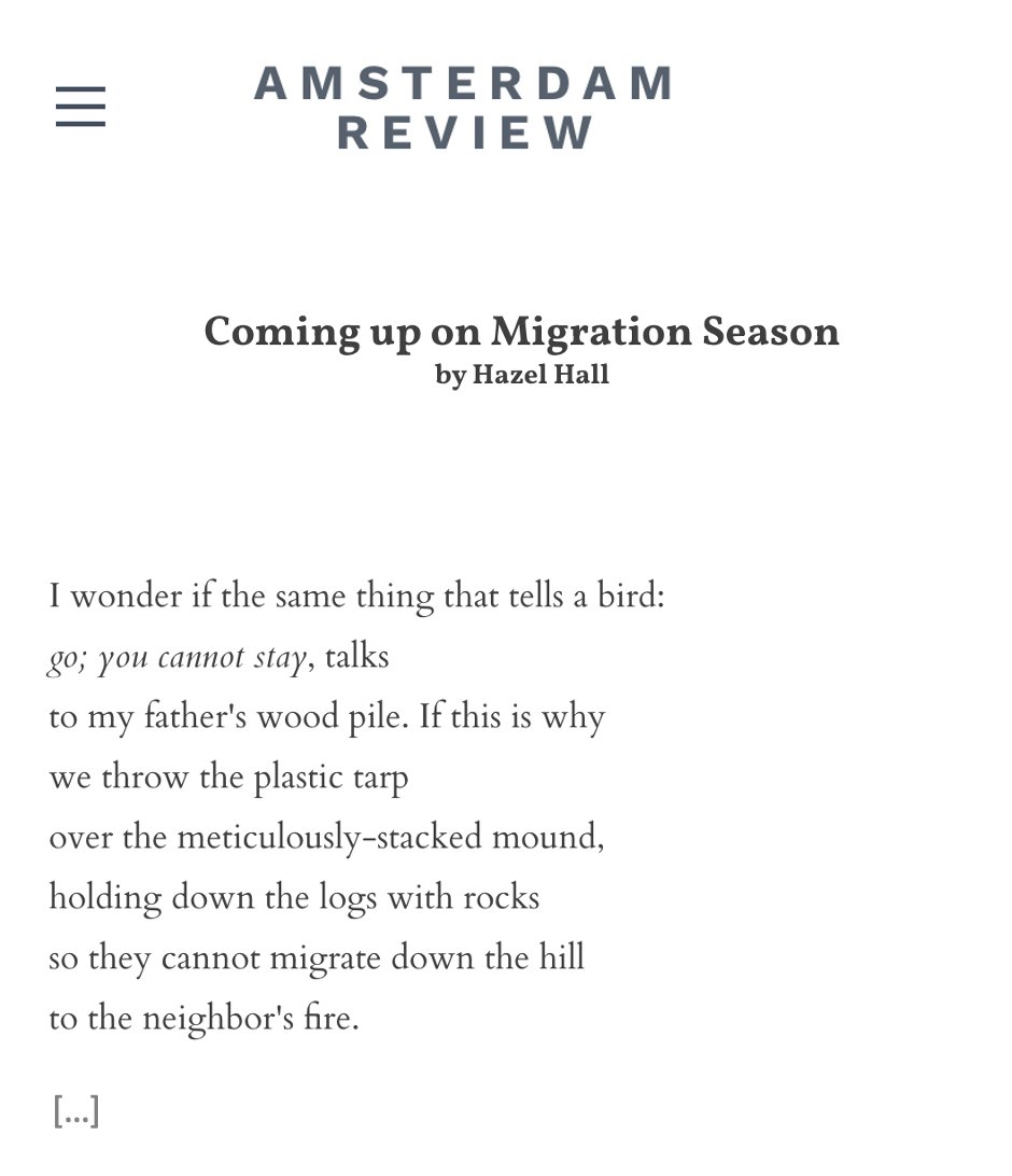 AmsterdamRev's tweet image. "Next spring / I will be another woman; / I will look a little less / like my father."
A poem by 𝗛𝗮𝘇𝗲𝗹 𝗛𝗮𝗹𝗹 in the Spring 2025 issue
bit.ly/AmsterdamReview
#poetry #poetrycommunity