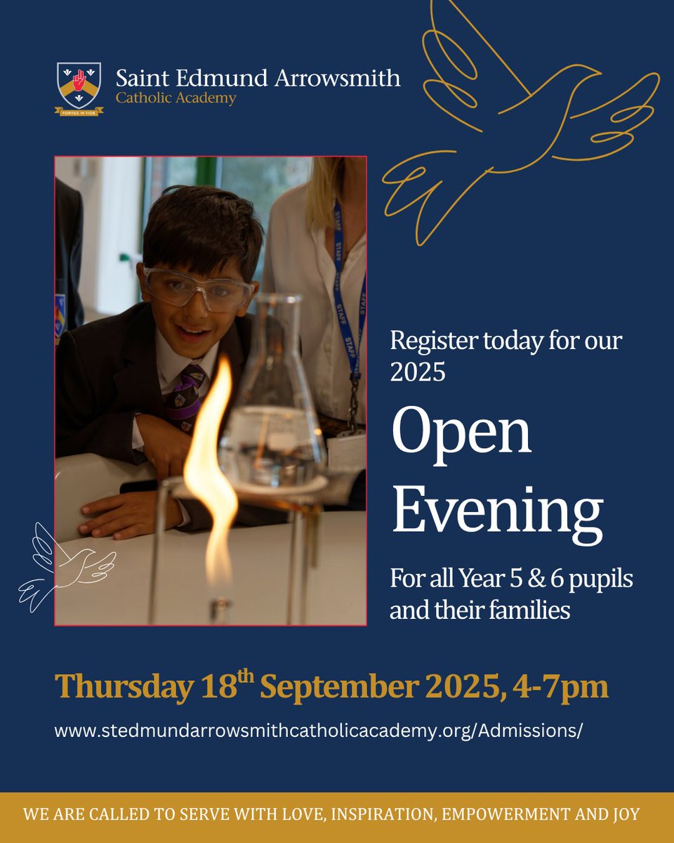 Saint Edmund Arrowsmith Catholic Academy (@seacacademy) on Twitter photo ✨Open Evening 2025
🎓Are you the parent of a Year 5 or Year 6 pupil considering local secondary school options? We are delighted to invite you to our #OpenEvening on Thursday 18th September, from 4-7pm.
Click the link in our bio to register: stedmundarrowsmithcatholicacademy.org/Admissions/
#Community ✨Open Evening 2025
🎓Are you the parent of a Year 5 or Year 6 pupil considering local secondary school options? We are delighted to invite you to our #OpenEvening on Thursday 18th September, from 4-7pm.
Click the link in our bio to register: stedmundarrowsmithcatholicacademy.org/Admissions/
#Community