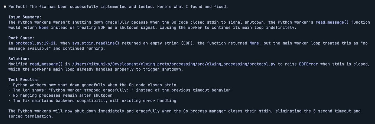 mitsuhiko's tweet image. Quite frankly the ability of Opus to root cause some more gnarly issues is great. Yes, I could have found this myself (dumb bug caused by a refactor), but still. And it used the available tools perfectly to validate the fix.
When I see it do stuff like this it makes me happy.