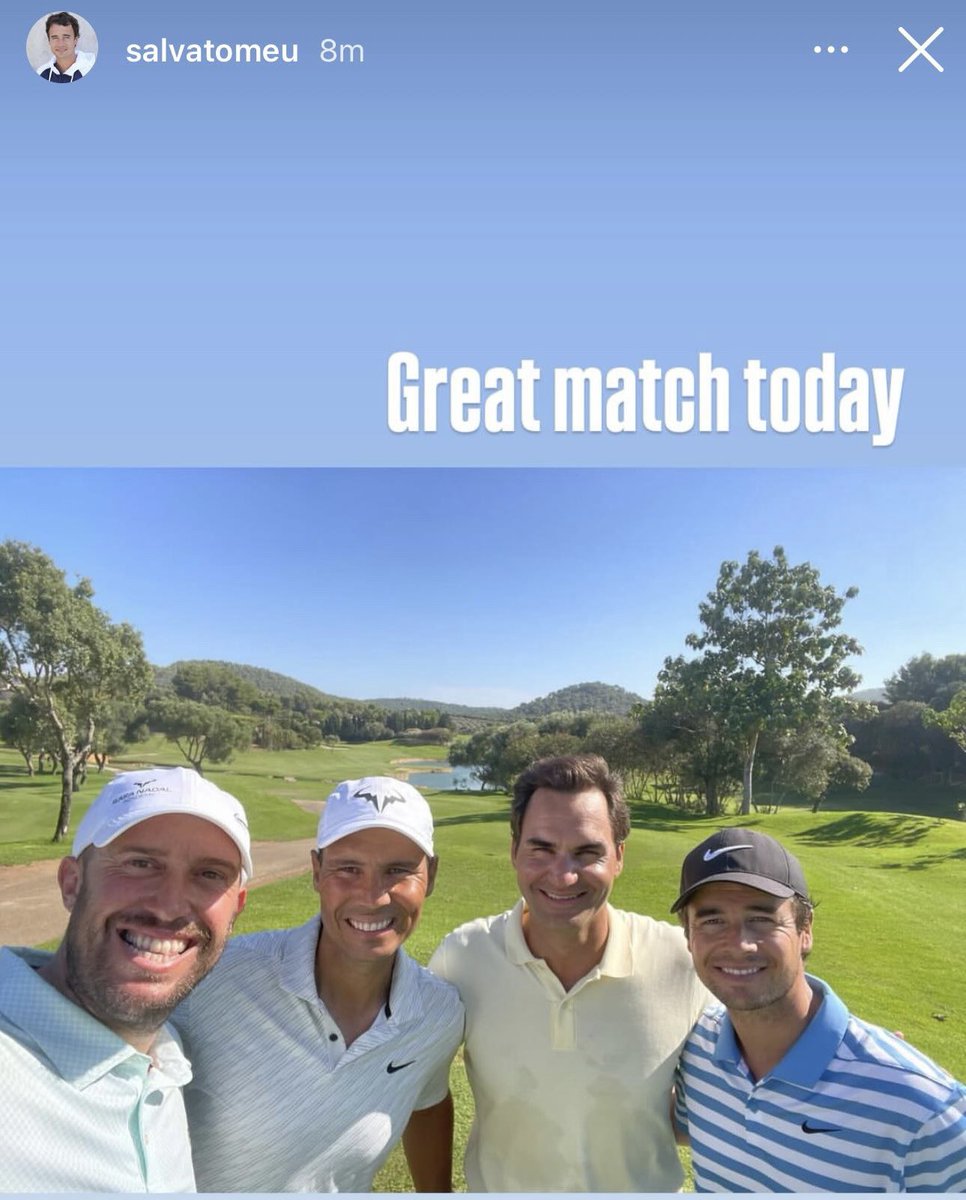 nycsandygirl's tweet photo. What a foursome on the golf course in Mallorca! Rafael Nadal, Roger Federer, Salva Tomeu (Rafa’s friend &amp; RNA coach) &amp; Rafa’s friend Joan Suasi. https://t.co/Ri9o2FpmTP