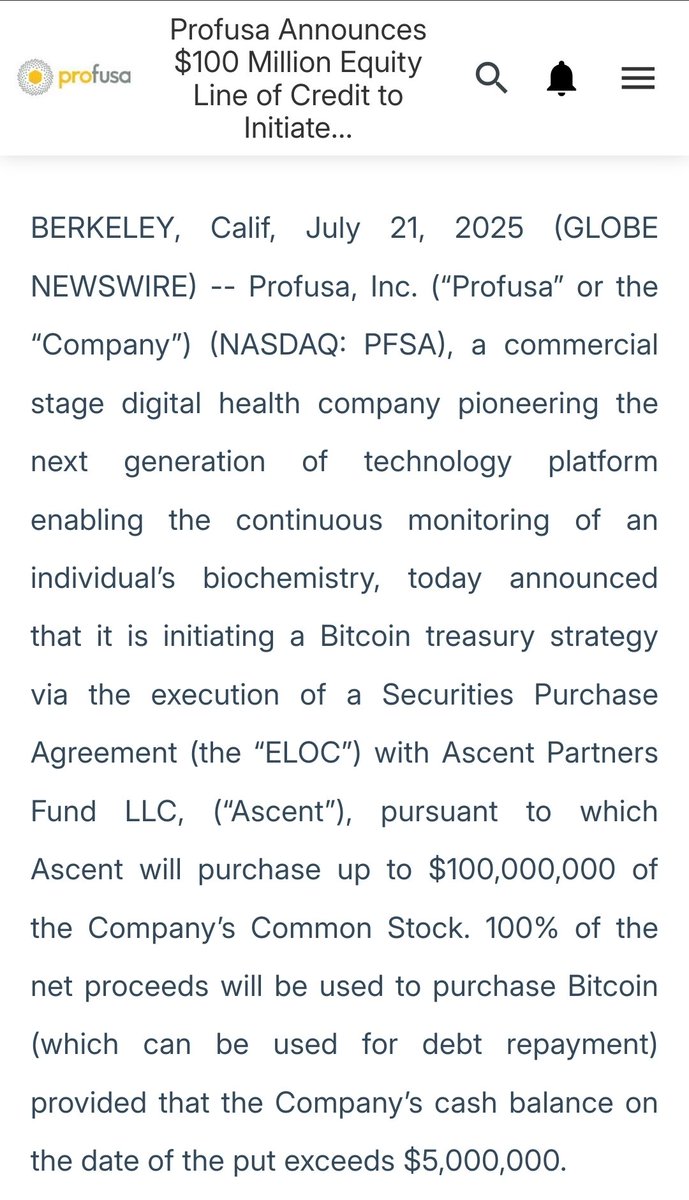 btcNLNico's tweet image. 🇺🇸 Profusa is launching a Bitcoin treasury strategy through a $100M equity line with Ascent Partners. All net proceeds will be used to buy Bitcoin, provided Profusa has over $5M in cash at the time of each share sale. The company expects to begin purchasing Bitcoin this week.