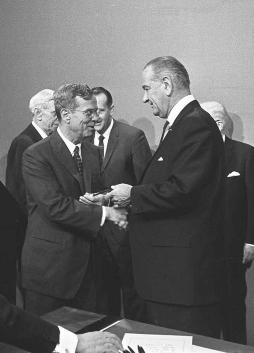 andrewrsorkin's tweet image. In 1965, LBJ physically shoved Fed Chair William McChesney Martin against a wall at his Texas ranch to demand lower rates. Trump is now publicly threatening Powell’s job over rates. The stage changes, but the tension between politics and the Fed remains timeless.