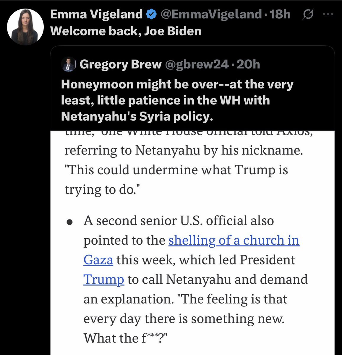 CurtMills's tweet image. Trumpian frustrations with Netanyahu paired with basic inaction draw inevitable comparisons with Biden. Own goal