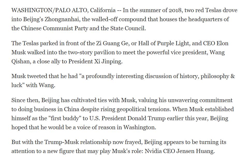 kenmoriyasu's tweet image. Since allowing Elon Musk to enter the Zhongnanhai in a red Tesla in 2018, the Chinese government has seen the entrepreneur as their "bridge" to better relations with the U.S.
Now that role may have moved to Nvidia CEO Jensen Huang.