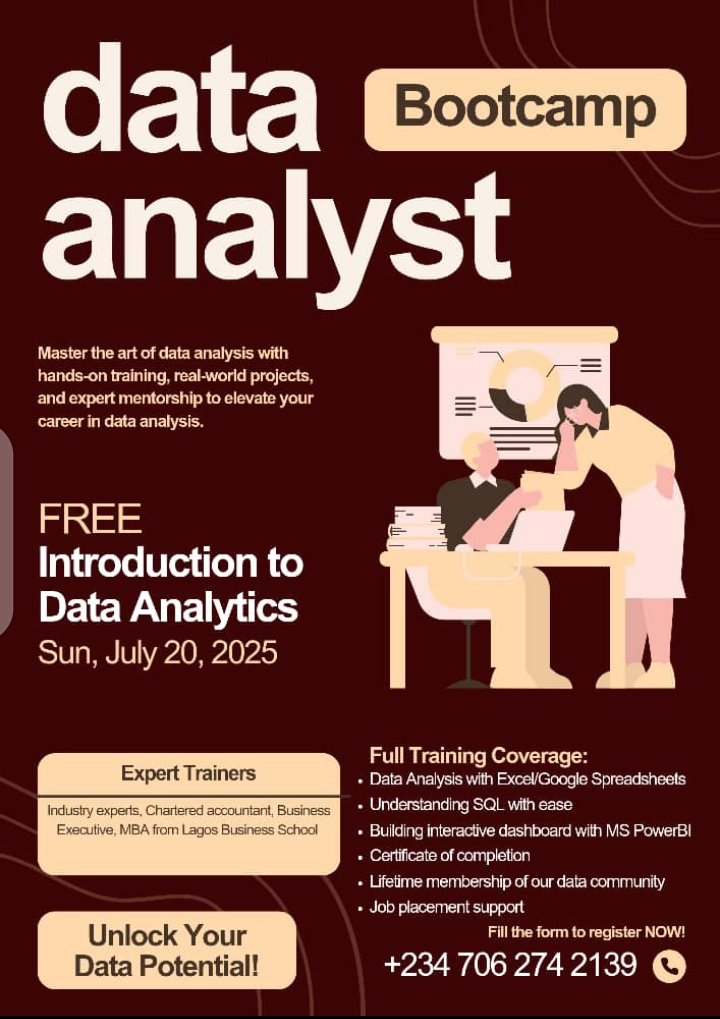 Bestjay2's tweet image. Master Excel, SQL & Power BI from Scratch!
Join our Weekend Data Analytics Boot camp starting August 2nd.
✅ Hands-on training
✅ Beginner-friendly
✅ Real-world projects
✅ Excel, SQL, Power BI – all in one!
Fill this form to join
forms.gle/1w19KLG6xHisp2…