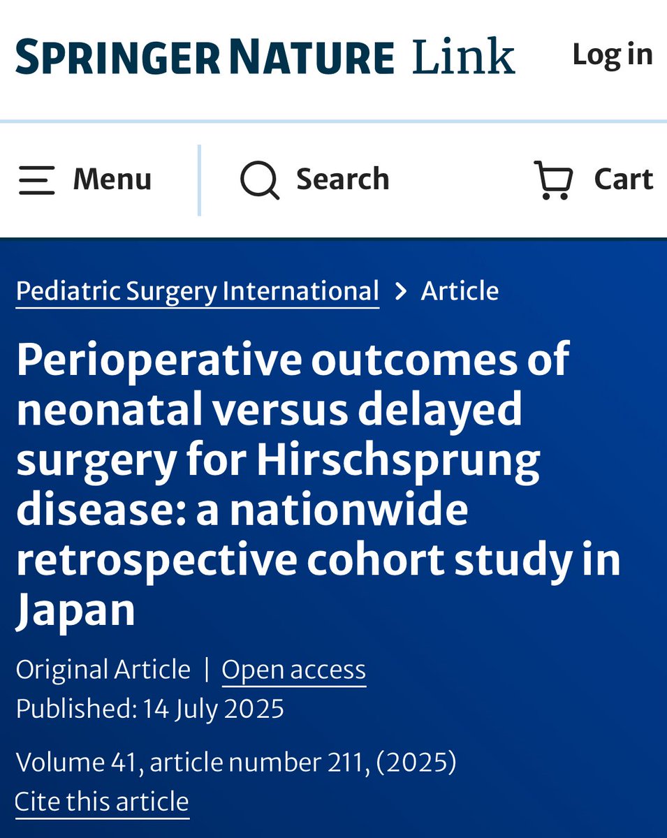 JAPANicu's tweet image. Kutsukake et al. concluded that in terms of the short-term outcomes, neonatal surgery for Hirschsprung disease is safe, and delayed surgery may not be beneficial.
#neotwitter
link.springer.com/article/10.100…