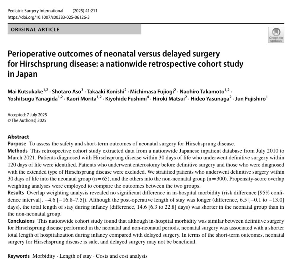 JAPANicu's tweet image. Kutsukake et al. concluded that in terms of the short-term outcomes, neonatal surgery for Hirschsprung disease is safe, and delayed surgery may not be beneficial.
#neotwitter
link.springer.com/article/10.100…