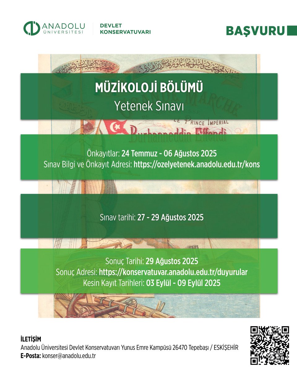 Konservatuvarımız Müzikoloji Bölümü yeni öğrencilerini bekliyor.
Başvuru bilgileri için konservatuvar.anadolu.edu.tr adresinden web sayfamızı ziyaret edebilirsiniz. 

<a href="/Anadolu_Univ/">Anadolu Üniversitesi</a>