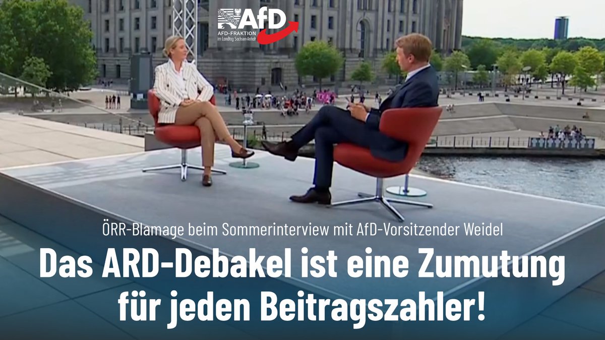 AfDFraktionLSA's tweet image. Das jüngste #Sommerinterview der #ARD mit AfD-Chefin Alice #Weidel illustriert auf eindringliche Weise, wie der öffentliche Diskurs in Deutschland zunehmend von gezielten Störaktionen linker Gruppen untergraben wird – Gruppen, die zwar mit Nachdruck Toleranz und Weltoffenheit für…