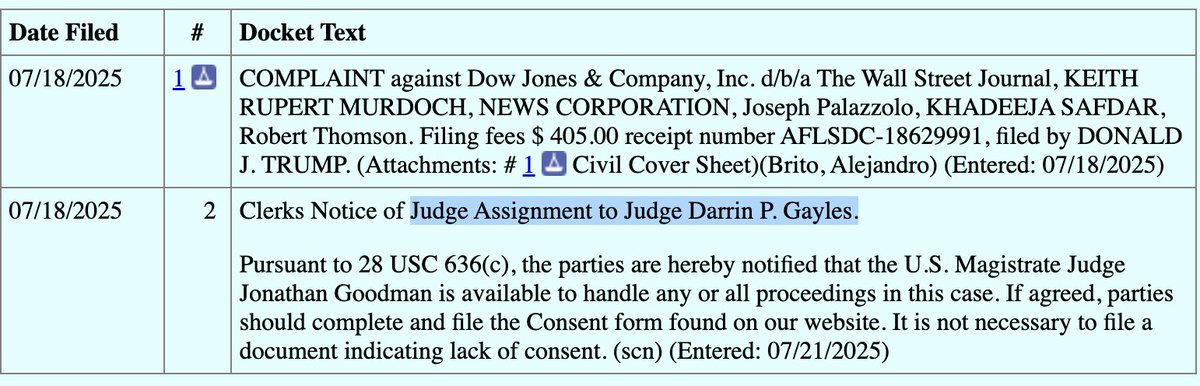 rparloff's tweet image. Trump's suit against @WSJ has been assigned to Darrin Phillip Gayles, an Obama appointee.