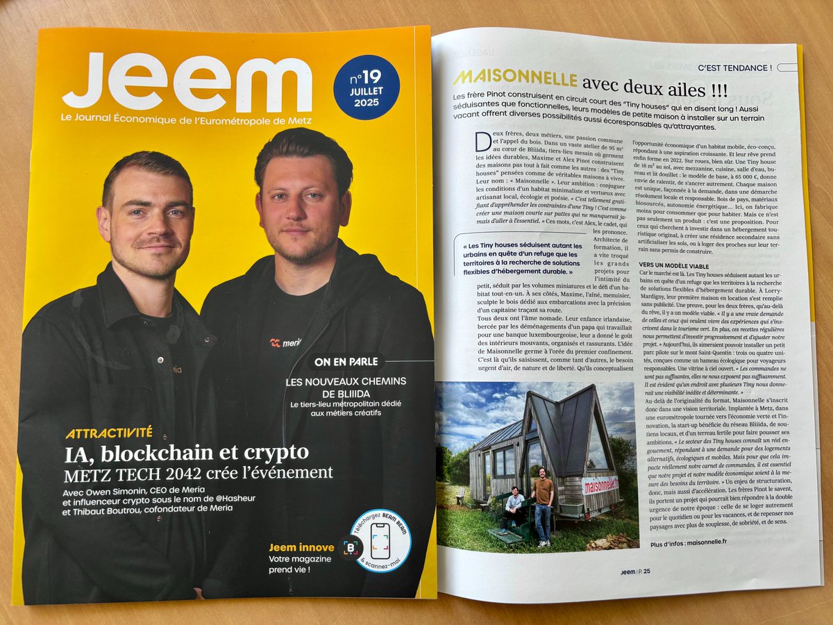 🗞️ 𝗦𝗲́𝗮𝗻𝗰𝗲 𝗱𝗲 𝗿𝗮𝘁𝘁𝗿𝗮𝗽𝗮𝗴𝗲 𝗷𝗲𝗲𝗺 𝗻°𝟭𝟵
Découvrez Maisonnelle, le modèle de tiny-house de Maxime et Alex Pinot dans le du JEEM du mois de Juillet : investinmetz.com/.../2025/06/JE…

👉 S'abonner gratuitement au jeem : investinmetz.com/jeem/
*𝘗𝘦𝘵𝘪𝘵𝘦 𝘮𝘢𝘪𝘴𝘰𝘯