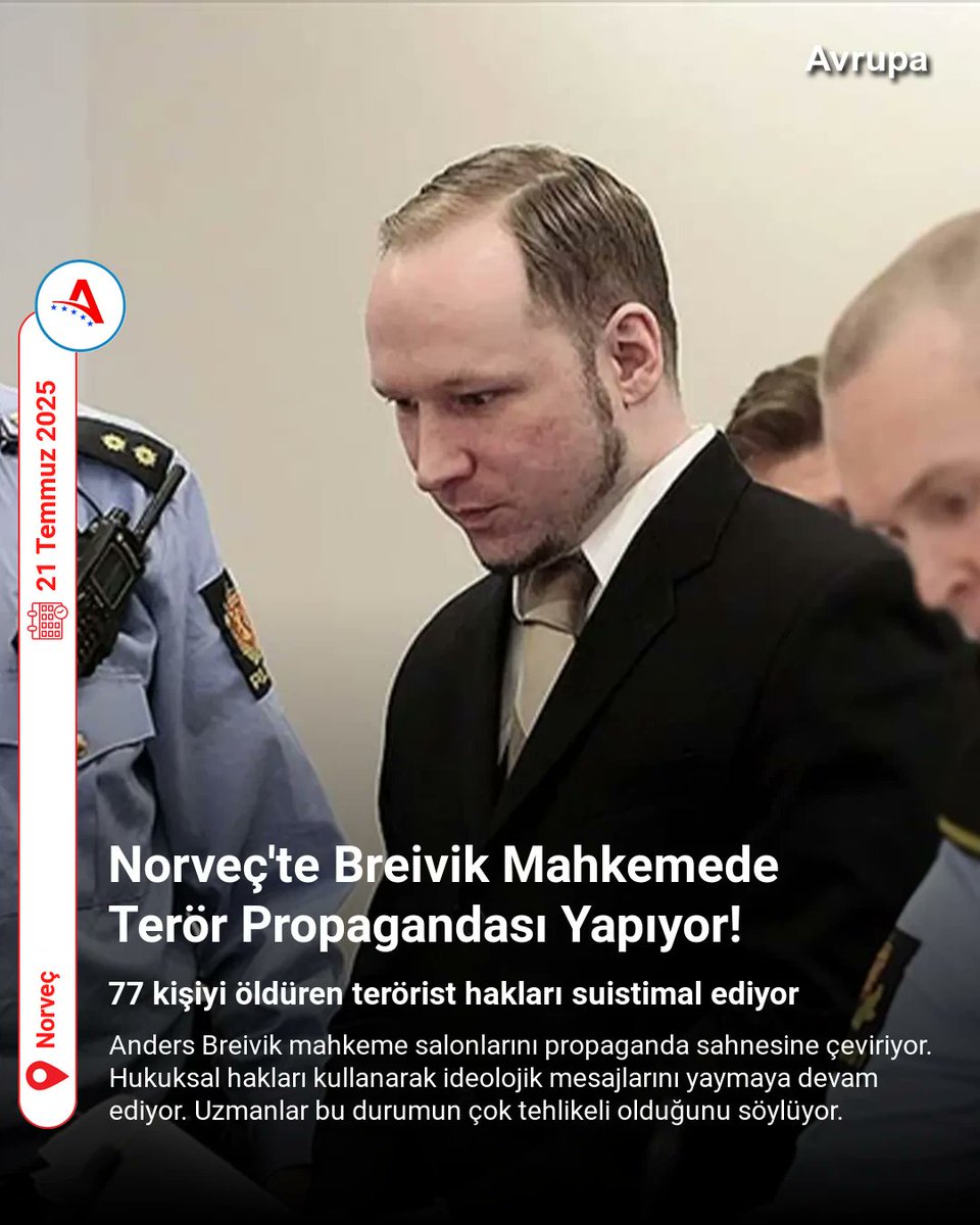 avrupaninsesieu's tweet image. 📢 Norveç’te Terör Propagandası mı?

Anders Behring Breivik, mahkeme süreçlerini nasıl manipüle ediyor? Norveç’in hukuki ve toplumsal açmazları üzerine bir değerlendirme!

#Breivik #Norvec #Hukuk #Adalet #Mahkeme #Teror #InsanHaklari #pazartesi #hlgyo #MetrukAdam

Adalet | Teror