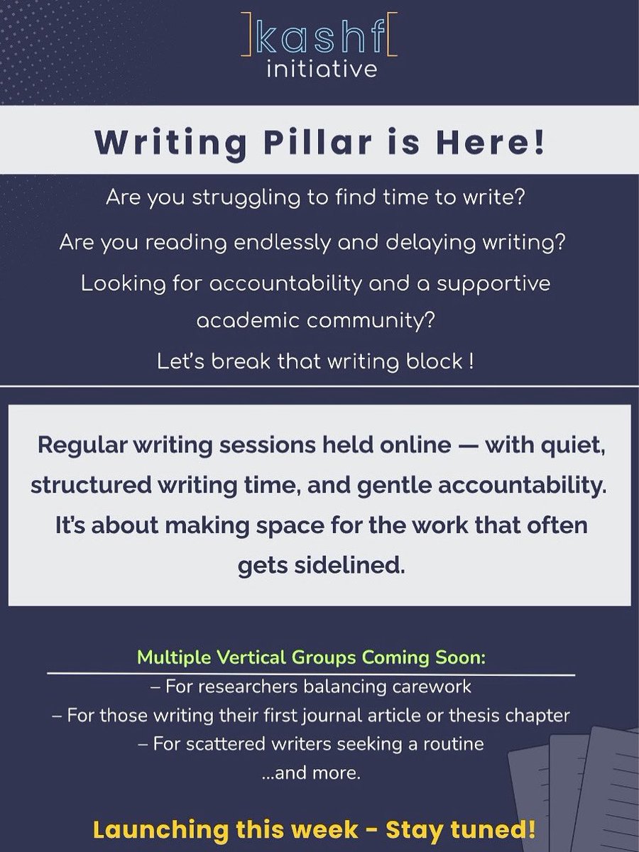 We’re excited to announce the upcoming launch of the Kashf Writing Pillar — a space for researchers, writers, and scholars to come together, set goals, write in focused bursts, and build momentum week by week.

#KashfWriting #WritingTogether #AcademicSupport