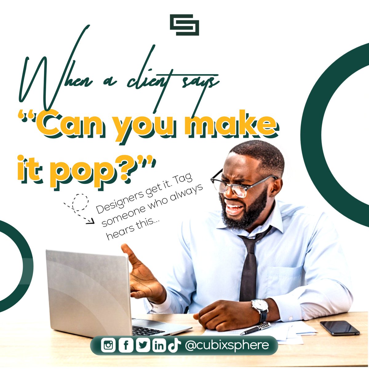 cubixsphere's tweet photo. Designers know the code words: "Make it pop." "Add some spice." "You know what I mean."
And somehow… we still deliver.🎯 Tag someone who’s heard it one too many times😅
#makeitpop #designerstruggles #creativeslife #designhumor #marketinglife #cubixsphere #contentcreators https://t.co/0Nw1kvtsWe
