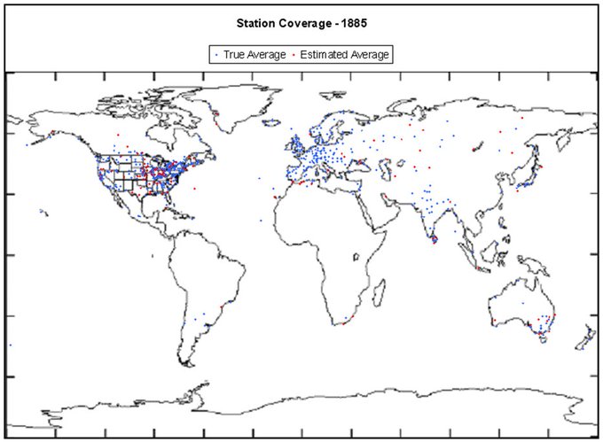 NewPositivism's tweet image. Station coverage 1885 shows that most pre-1900 reference data for global temperatures are simply made up.