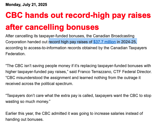 elie_mcn's tweet image. 🚨NEW: After public backlash, CBC cancelled bonuses... but then quietly handed out RECORD-HIGH pay raises worth $37.7 MILLION. Per @taxpayerDOTcom.