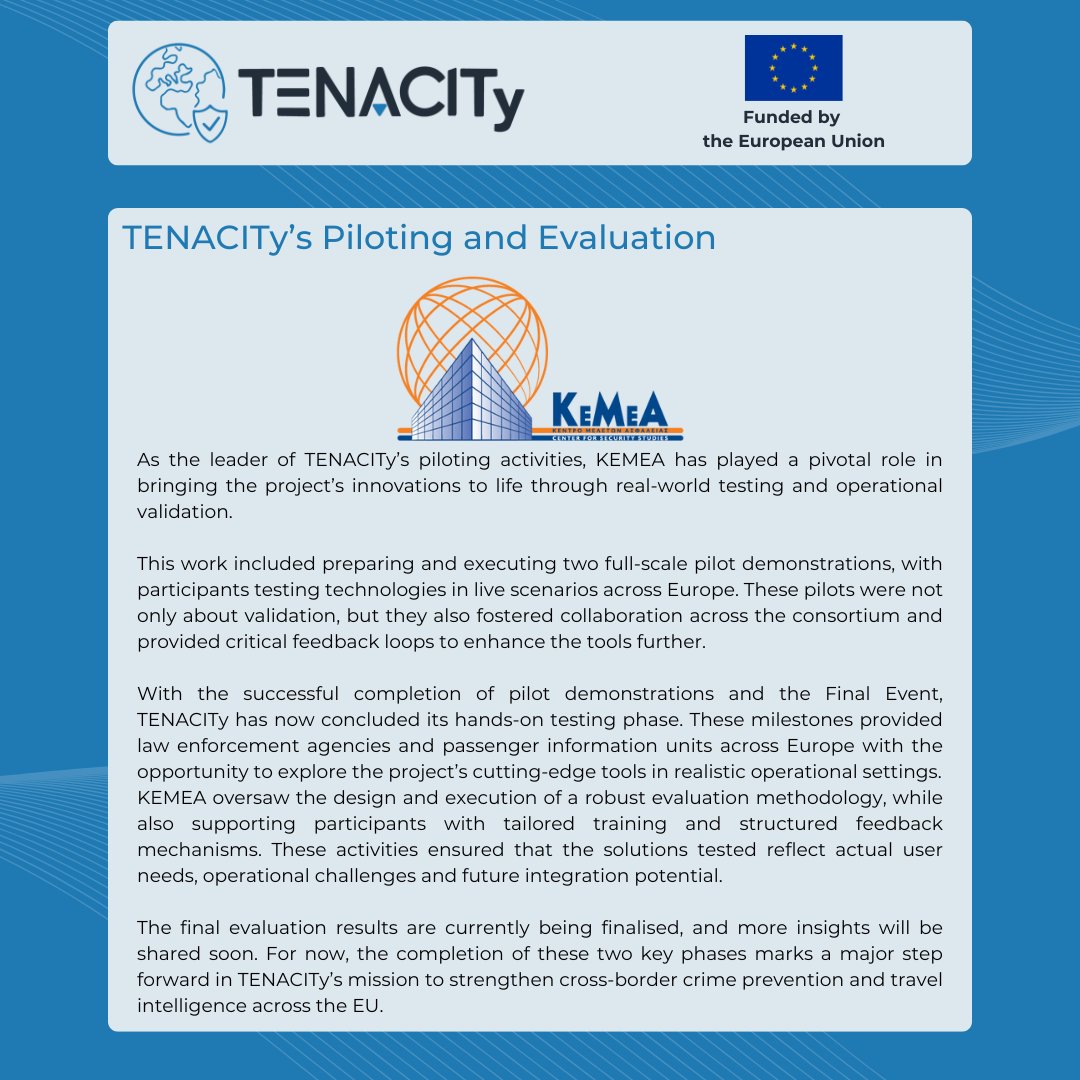 TENACITy Project (@tenacityproject) on Twitter photo 🔍 Discover Our Solutions: Piloting & Evaluation
As the leader of TENACITy’s piloting activities, <a href="/Centerforsecur1/">ΚΕΜΕΑ - Center for security studies</a> played a pivotal role in bringing the project’s innovations to life through real-world testing across Europe.
📎 Read the full post below 👇 🔍 Discover Our Solutions: Piloting & Evaluation
As the leader of TENACITy’s piloting activities, <a href="/Centerforsecur1/">ΚΕΜΕΑ - Center for security studies</a> played a pivotal role in bringing the project’s innovations to life through real-world testing across Europe.
📎 Read the full post below 👇