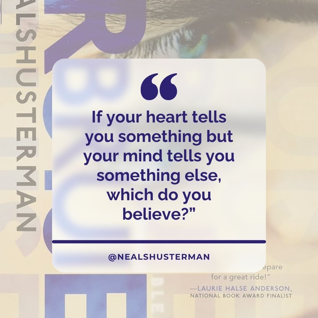 NealShusterman's tweet image. Which do you typically choose? Comment ❤️ or 🧠
The question isn't so easy to answer for characters in BRUISER. But then again, when a character is an empath who can take on people’s pain, no choice is easy.
Have you read BRUISER?
#bruiser #bookquotes #inspiration