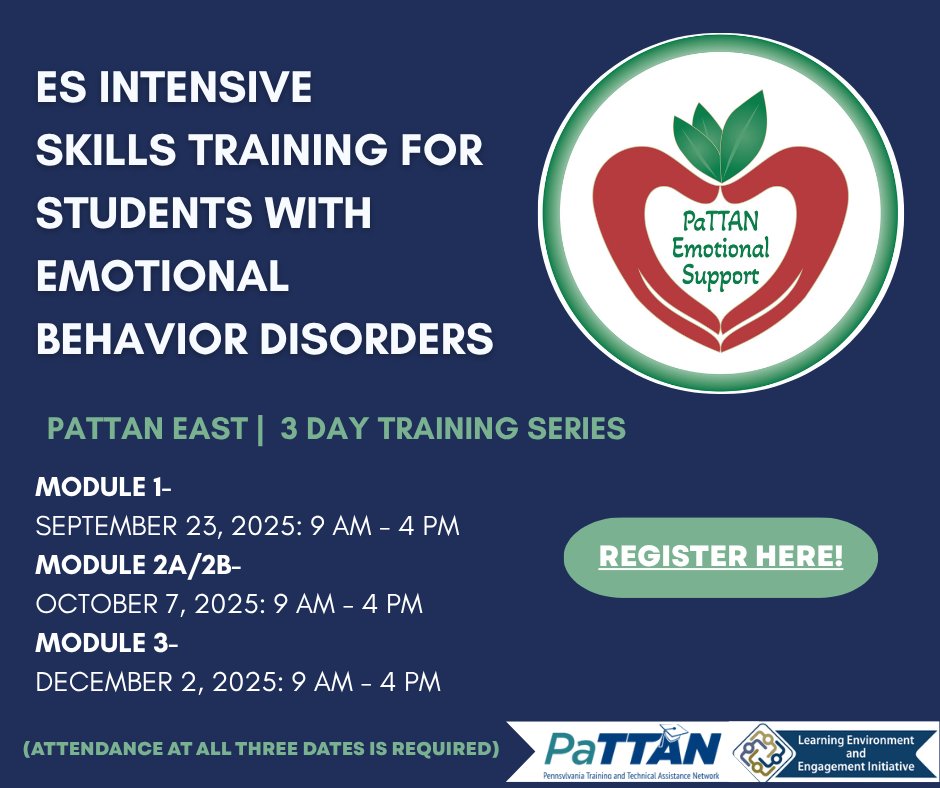 pattanupdates's tweet image. Looking to better support your students' needs? Join us at our 3-day #TeacherTraining series!
✨ ES Intensive Skills Training for Students with Emotional Behavior Disorders ✨
🗓️ Sept 23, Oct 7 & Dec 2
📍 PaTTAN East | 9AM - 4PM
➡️ Free to register: bit.ly/4l8ZMna