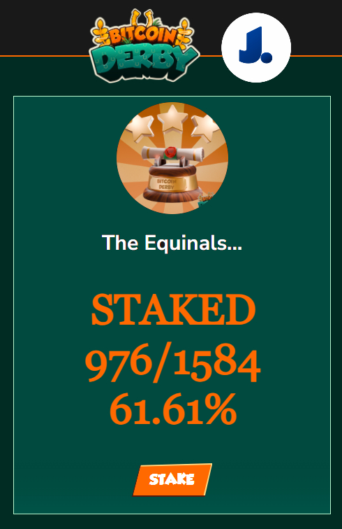 JunglCorp's tweet image. 61.61% of @BitcoinDerby's Equinals are staked!!!
Insane!!!
Wen 69.69%? 😆
Just kidding!
The real question is which collection will reach that level?
OG pass?
Pepenals?
The Golden horseshoe?
Or one of the upcoming collections: BitMiners or BitBot?
