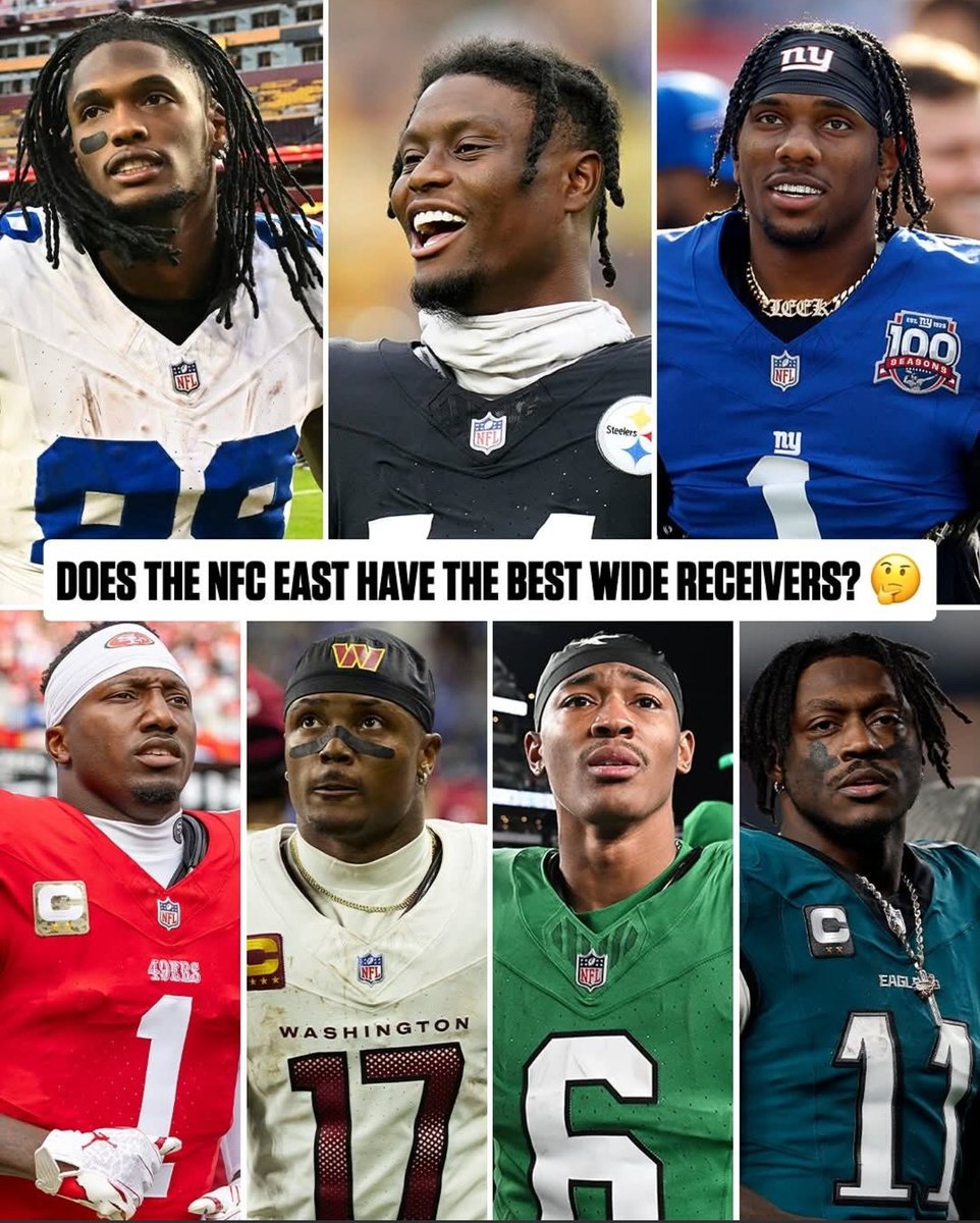 Gcarmi21's tweet image. The NFC East is stacked in terms of Wide Receiver talent.
How would you rank the WR tandems within the division?
1. McLaurin/Samuel
2. Lamb/Pickens
3. Brown/Smith
4. Nabers/Slayton
(List above is Alphabetical by Team Nickname)
#RaiseHail