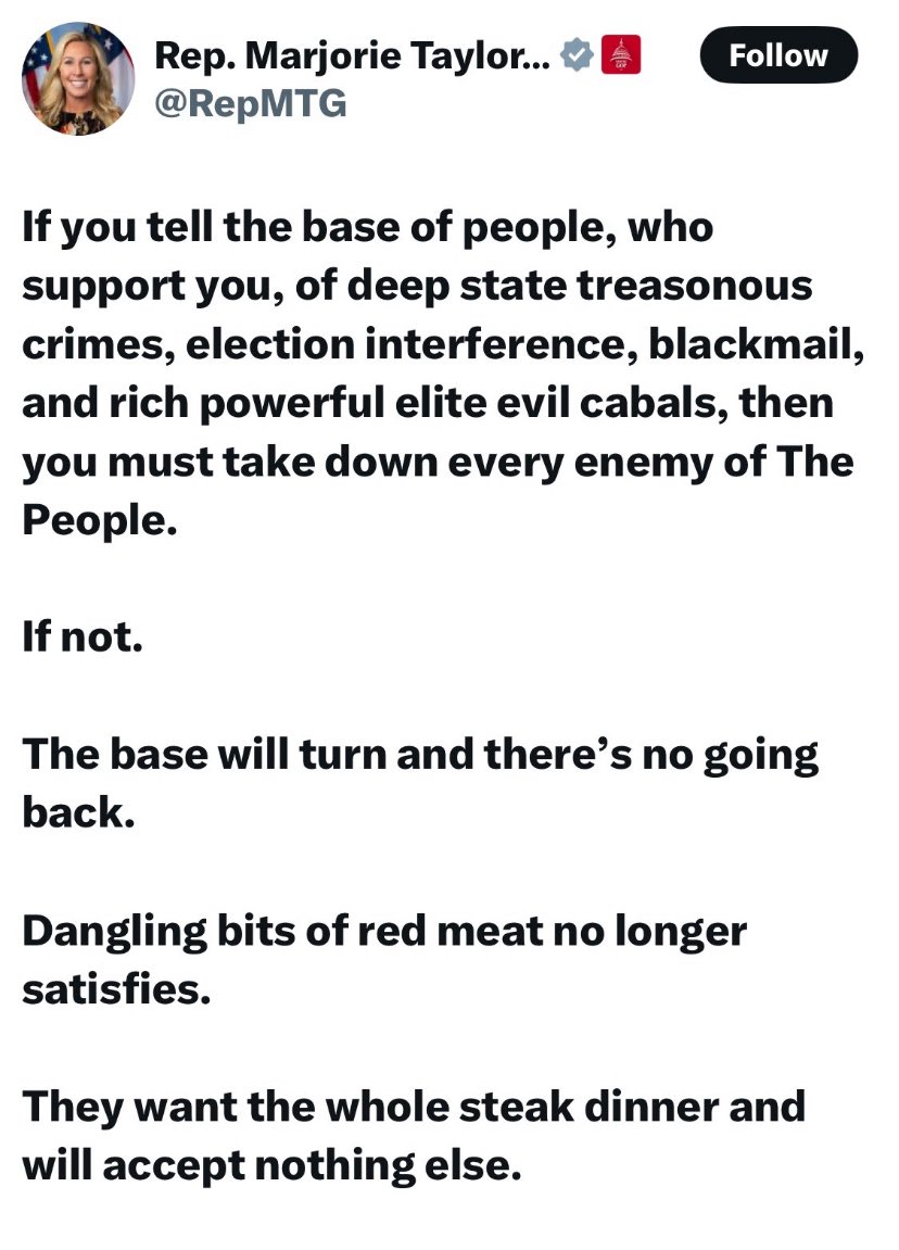 GOPareVillains's tweet image. I honestly forget that people are dumb enough to believe all the conspiracy theories.
Apparently there is however a definite amount of time they can be fooled and it feels like @mtgreenee is getting close to realizing she’s been lied to/is lying for others.l