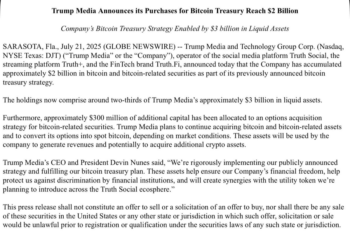 FilingsTracker's tweet image. $DJT Trump Media Announces its Purchases for Bitcoin Treasury Reach $2 Billion:
sec.gov/Archives/edgar…