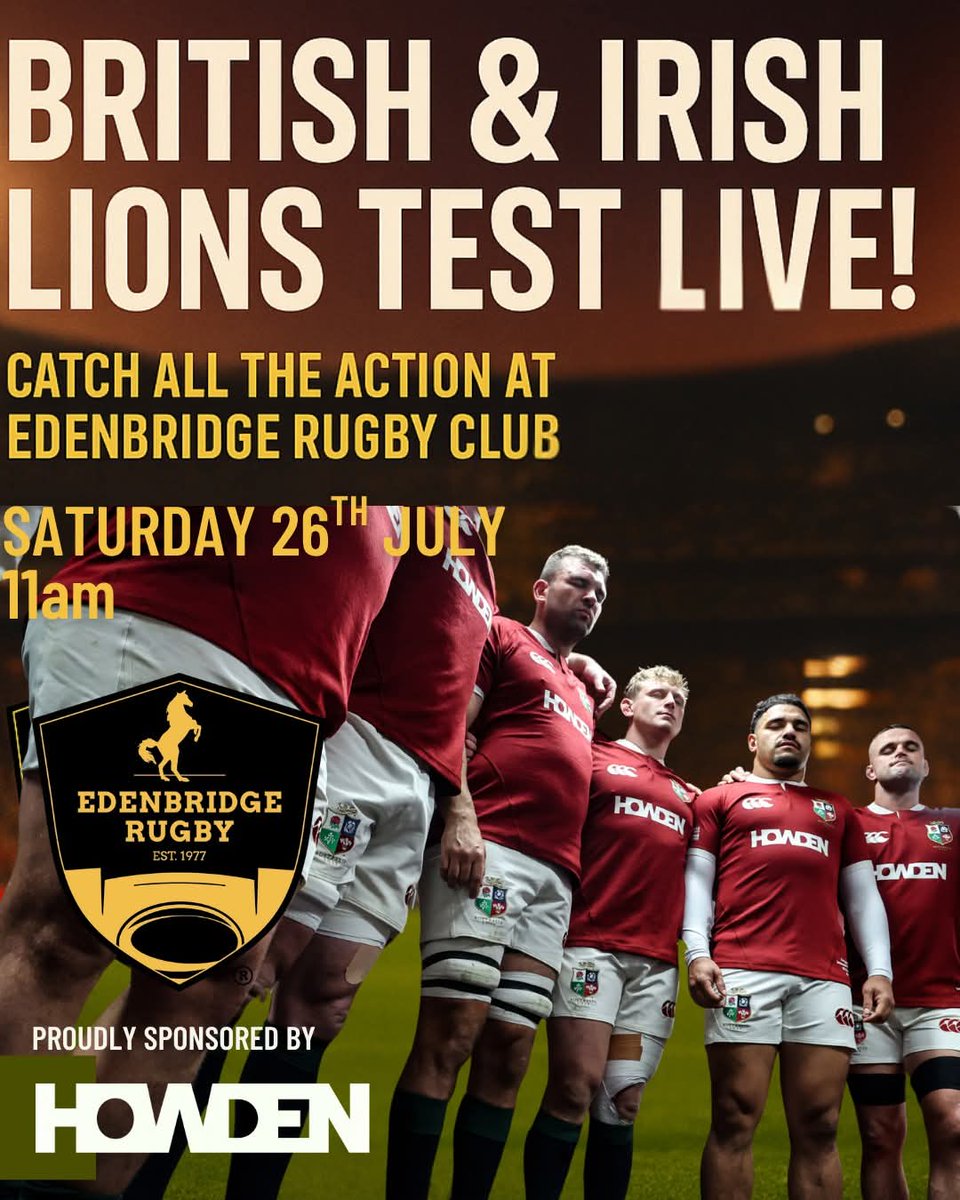 🏉 Watch the Lions Roar LIVE at Edenbridge Rugby Club! 🦁

Thanks to Howden, you can catch all the action in the heart of the club – surrounded by fans, friends, and family. Let’s pack the clubhouse, wear our colours, and back the Lions together! 🦁🇬🇧🇮🇪

#Edenbridge  #Lions2025